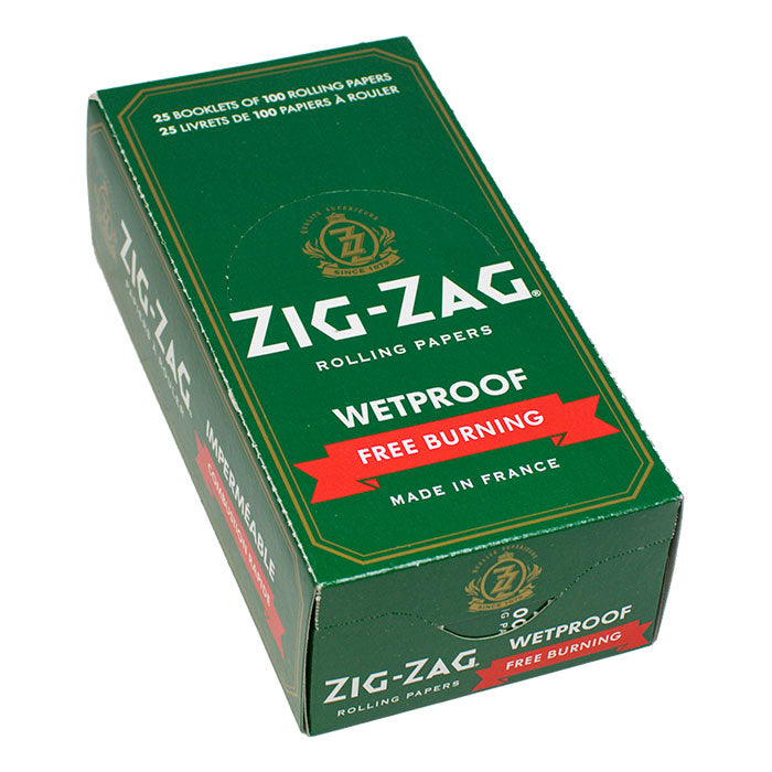 Zig-Zag Green Wetproof Free-Burning Single Wide Rolling Papers – 25 Packs per Carton (100 Leaves Each)