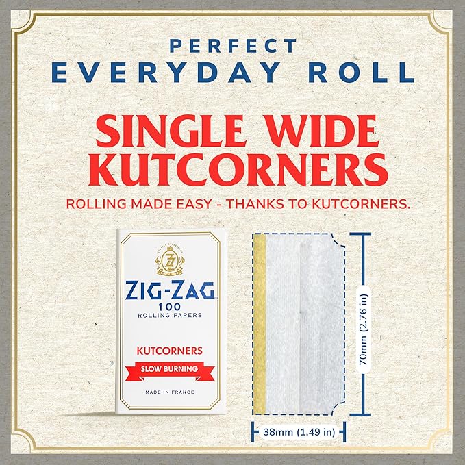 Zig-Zag White Kutcorners Rolling Papers – Wholesale Display Box showing packaging dimensions. Contains 25 packs with 100 single wide leaves per pack – slow-burning, natural unrefined rolling papers with easy-roll Kutcorner design.