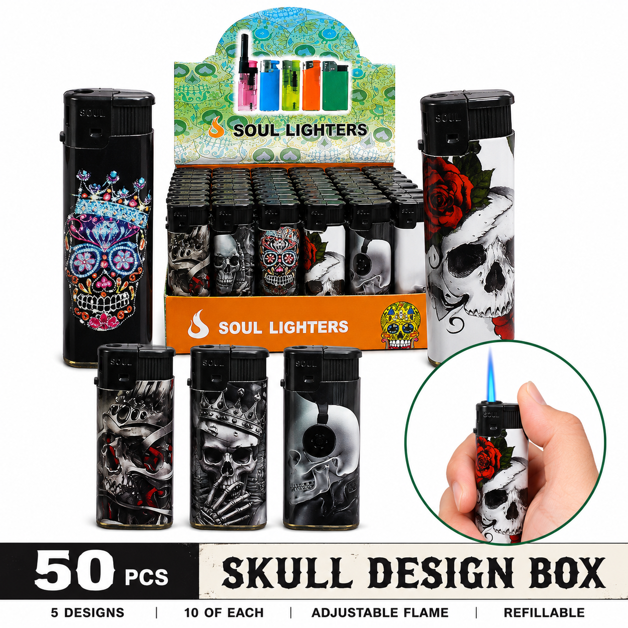 Soul Lighters Skull Pocket Torch Lighter, refillable windproof flame, Box of 50