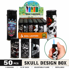 Soul Lighters Skull Pocket Torch Lighter, refillable windproof flame, Box of 50