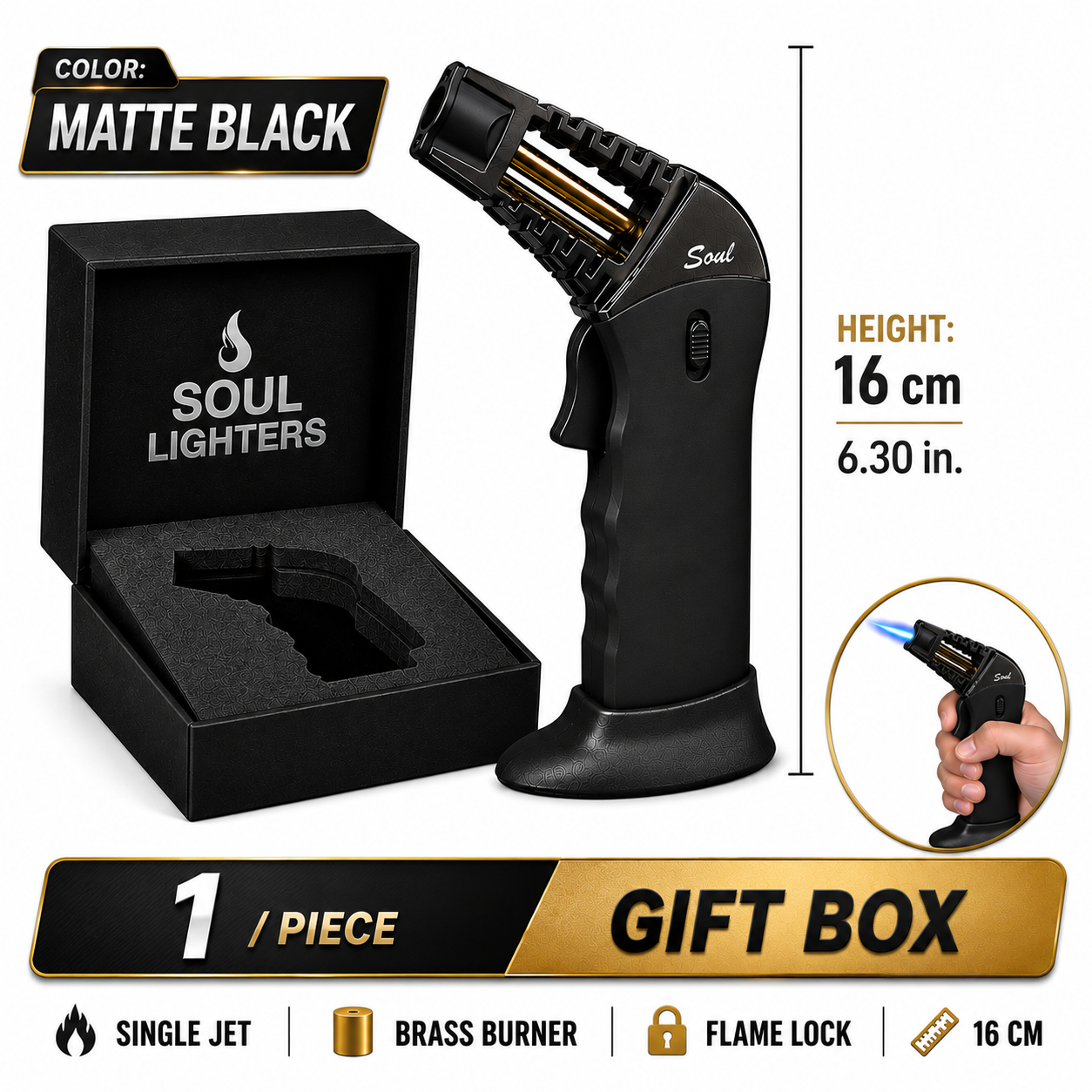 Soul Lighters Caliber pistol-grip butane torch lighter, matte black, brass burner, 16 cm