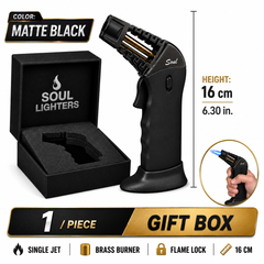 Soul Lighters Caliber pistol-grip butane torch lighter, matte black, brass burner, 16 cm