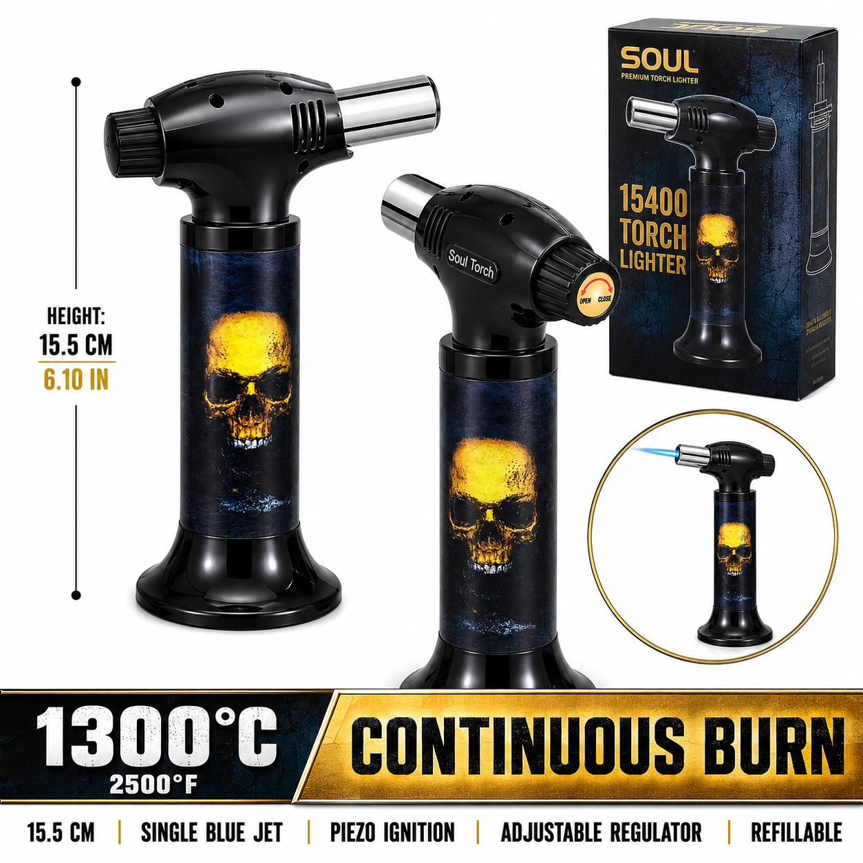 Soul Lighters Golden Flame Skull cigar torch lighter, black housing, 1300C piezo, 15.5 cm