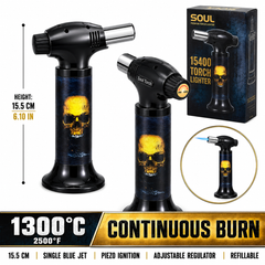 Soul Lighters Golden Flame Skull cigar torch lighter, black housing, 1300C piezo, 15.5 cm