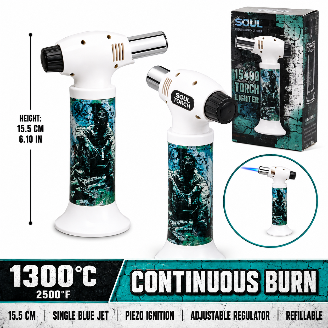 Soul Lighters Gas Mask Graffiti cigar torch lighter, white housing, 1300C piezo, 15.5 cm