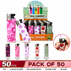 Soul Lighters Refillable Pocket Torch Lighter – Heart & Love Print, Adjustable Windproof Flame & Child-Resistant Safety Shutter (Box of 50, 5 Designs)