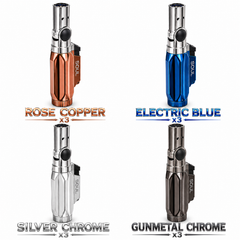 Soul Lighters Obelisk Quad-Jet Torch Lighter – Faceted Mirror-Chrome Column, Swivel Nozzle Head, Four Windproof Flames, 4 Colours (12-Count Display)