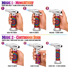 Soul Lighters 19400 Kaleido Psychedelic Single-Jet Butane Torch Lighter – 1300°C, Continuous Flame Lock, Piezo, 3 Designs in Matte Black & Silver (Box of 6, 13.5 cm)