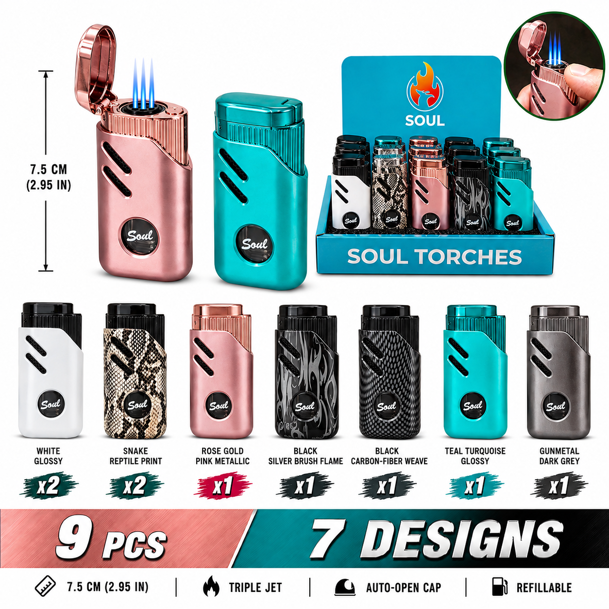 Soul Lighters Round-Window Triple-Jet Torch Lighter, 7 designs, 9-count display