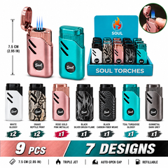 Soul Lighters Round-Window Triple-Jet Torch Lighter, 7 designs, 9-count display