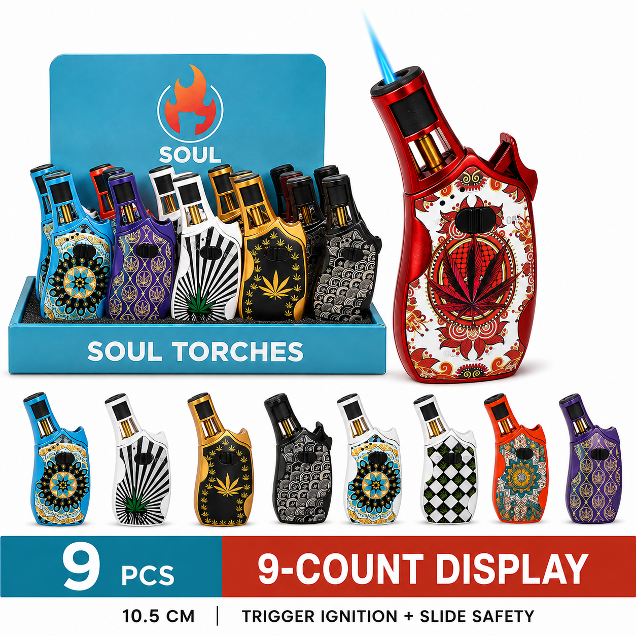 Soul Lighters Pistol-Grip Art-Print Jet Torch Lighter, 9 designs, 9-count display