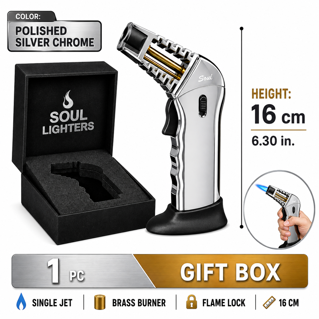 Soul Lighters Caliber pistol-grip butane torch lighter, polished silver chrome, brass burner, 16 cm