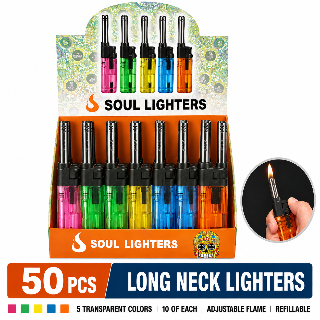 Soul Lighters Long Neck Torch Lighter, 5 transparent colours, Box of 50