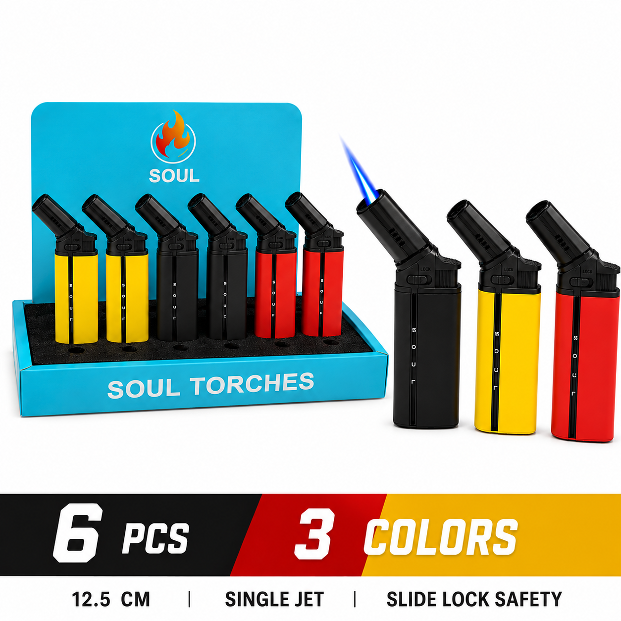 Soul Lighters Extended-Nozzle Angle Triple-Jet Torch Lighter, 3 colours, 6-count