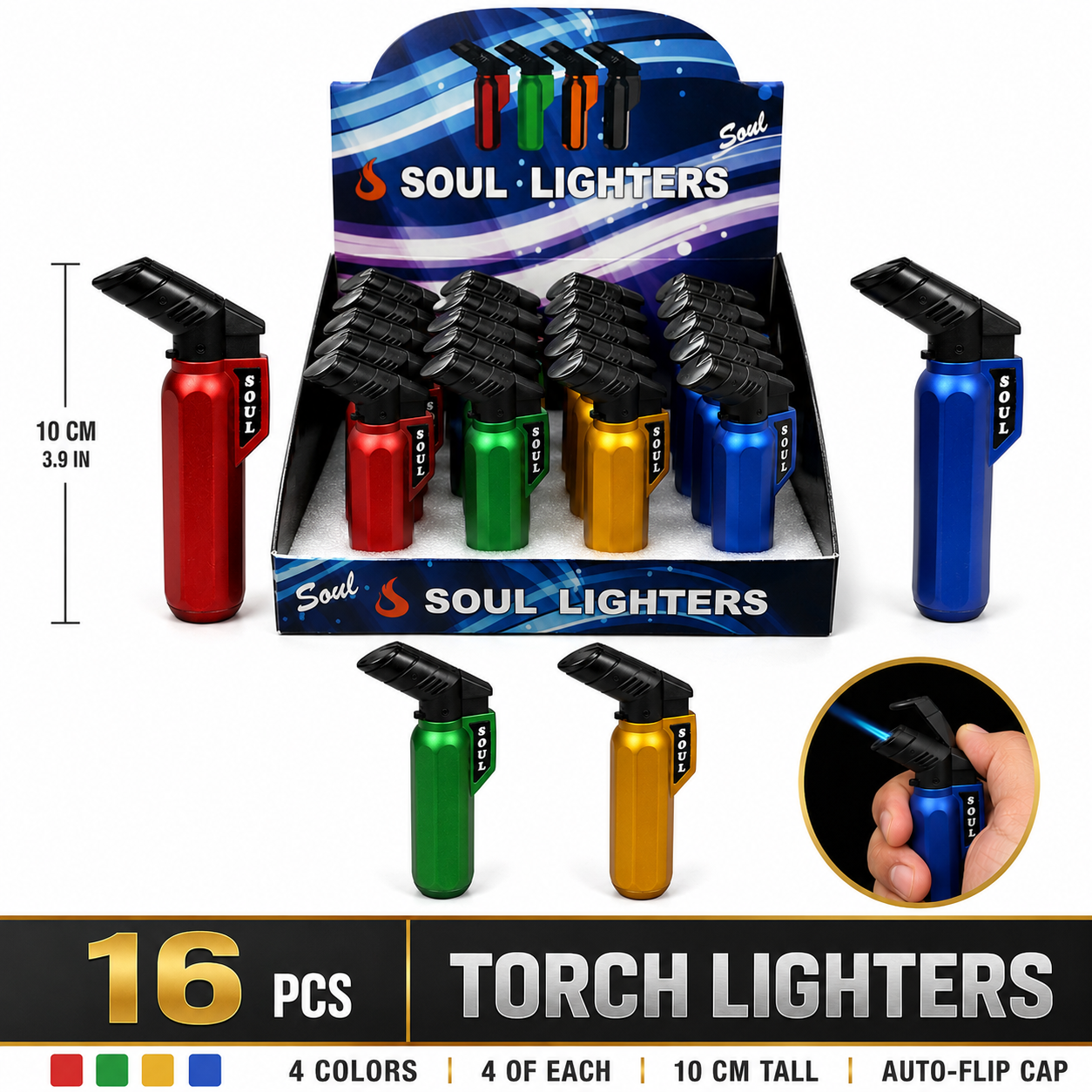 Soul Lighters Solid Metallic Small-Size Torch Lighter, 4 colours, auto-flip cap, Pack of 16