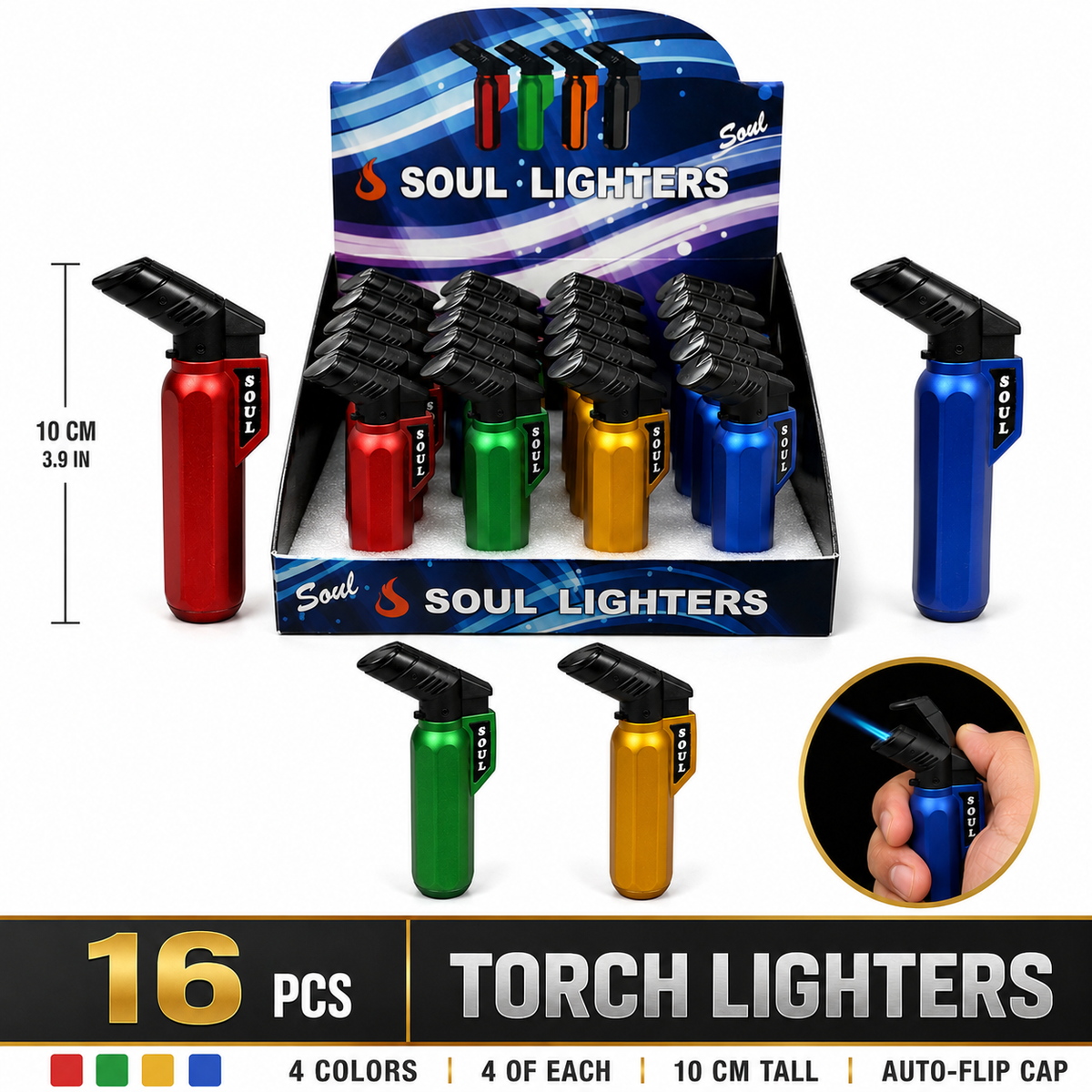 Soul Lighters Solid Metallic Small-Size Torch Lighter, 4 colours, auto-flip cap, Pack of 16