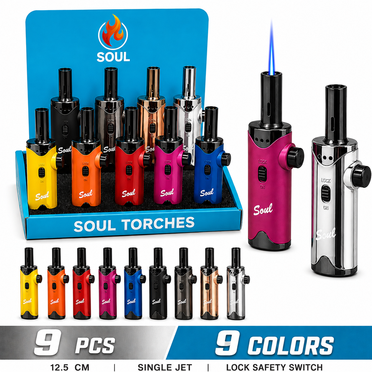 Soul Lighters Extended-Nozzle Single-Jet Torch Lighter, 9 colours, 9-count display
