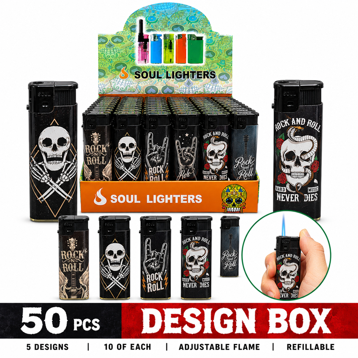 Soul Lighters Rock N Roll Pocket Torch Lighter, refillable windproof flame, Box of 50