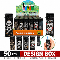 Soul Lighters Rock N Roll Pocket Torch Lighter, refillable windproof flame, Box of 50