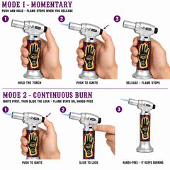 Soul Lighters 19400 Cosmic Third-Eye Single-Jet Butane Torch Lighter – 1300°C, Continuous Flame Lock, Piezo, 3 Designs in Matte Black & Silver (Box of 6, 13.5 cm)