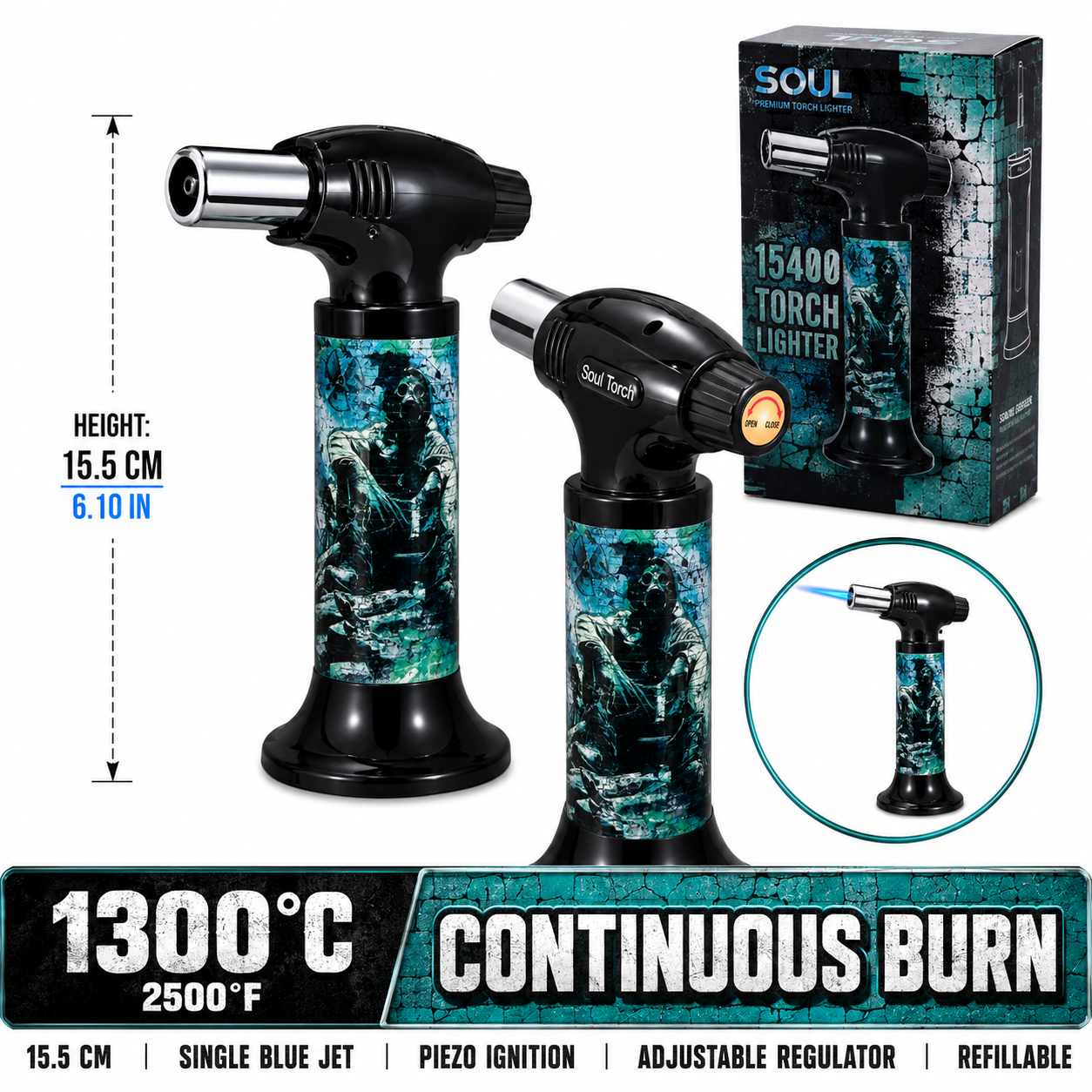 Soul Lighters Gas Mask Graffiti cigar torch lighter, black housing, 1300C piezo, 15.5 cm