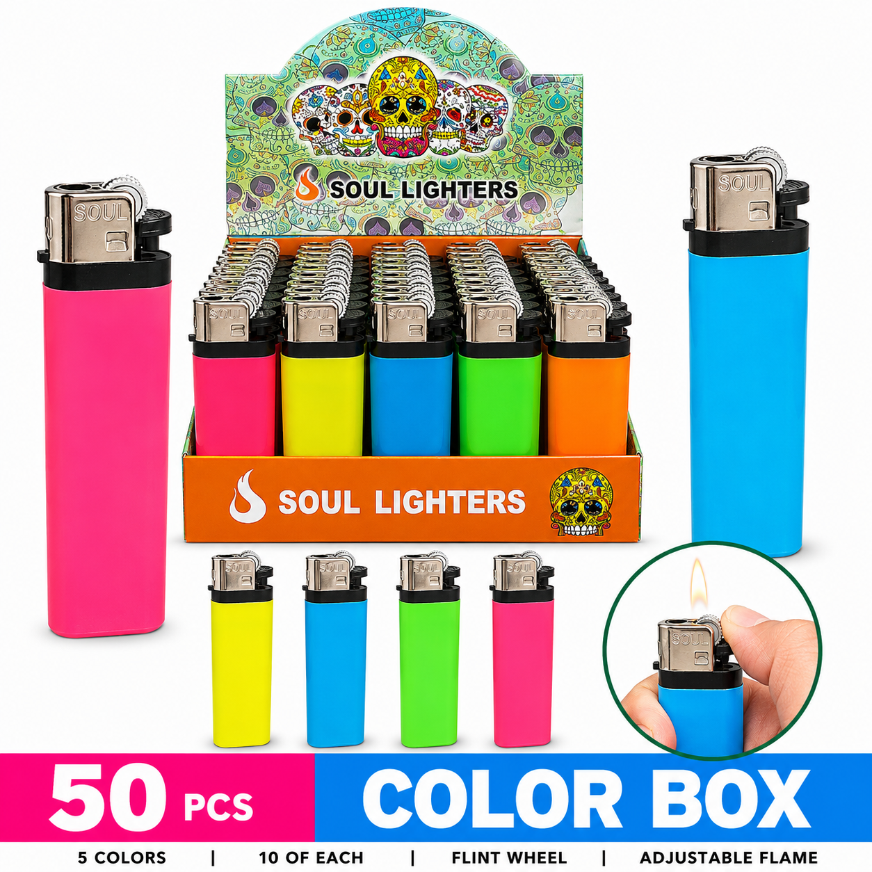 Soul Lighters Solid Neon Disposable Flame Lighter, Box of 50
