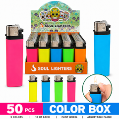 Soul Lighters Solid Neon Disposable Flame Lighter, Box of 50