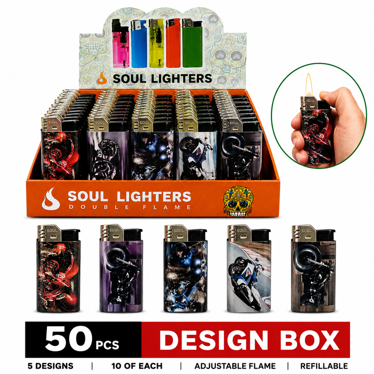 Soul Lighters Motorcycle & Racing Print Pocket Flame Lighter, refillable, Box of 50
