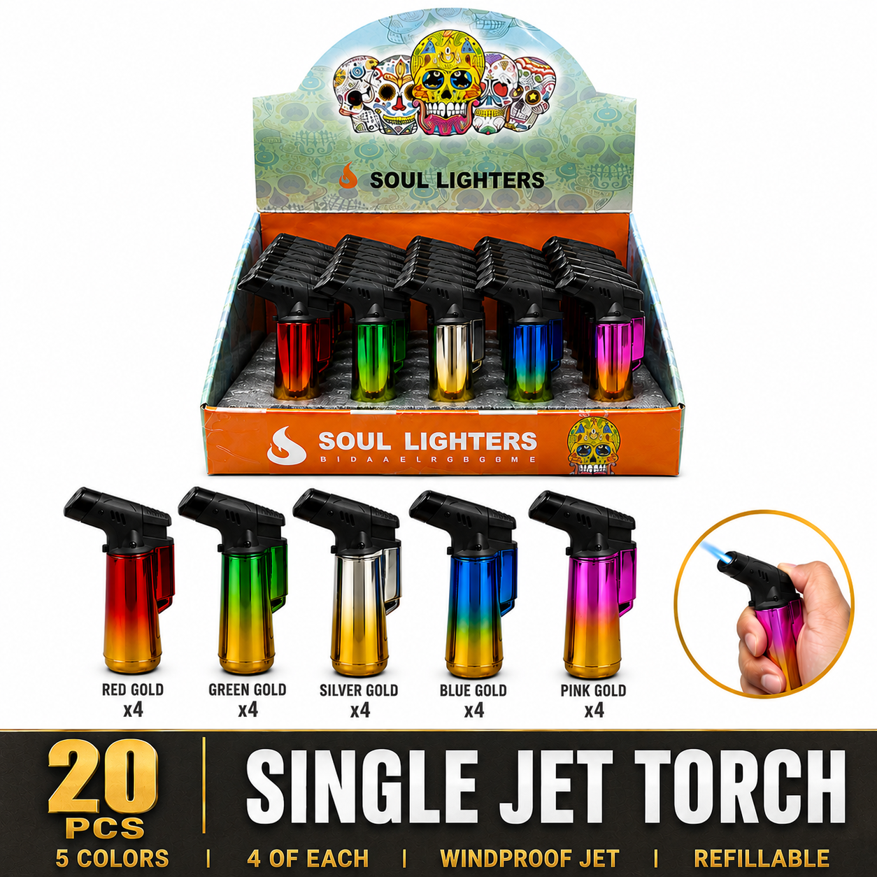 Soul Lighters Mini Gradient Chrome Green-Gold Torch Lighter, Pack of 20