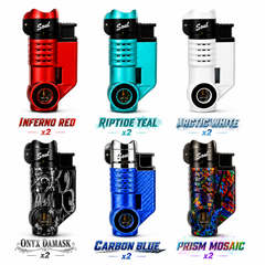 Soul Lighters Cannon Triple-Jet Torch Lighter – Right-Angle Build, Auto-Open Cap, Base Flame-Adjust & Fluid-View, 6 Designs (12-Count Display)