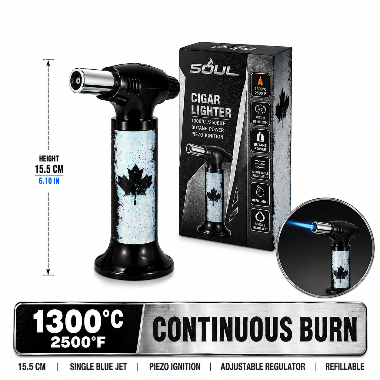 Soul Lighters Vintage Canada Flag cigar torch lighter, black housing, 1300C piezo, 15.5 cm