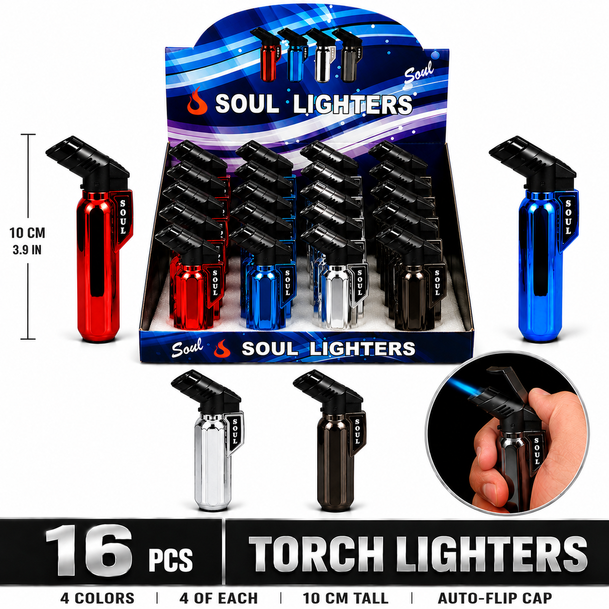 Soul Lighters Chrome Mirror Small-Size Torch Lighter, Pack of 16