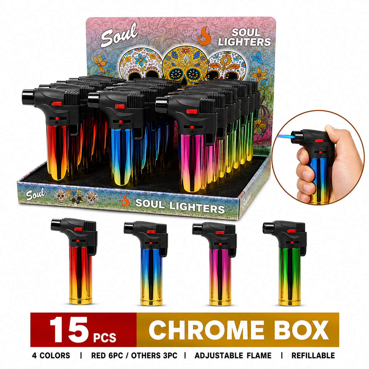Soul Lighters Metallic Chrome Refillable Jet Torch Lighter, Windproof Single Flame, Box of 15, 4 Colors