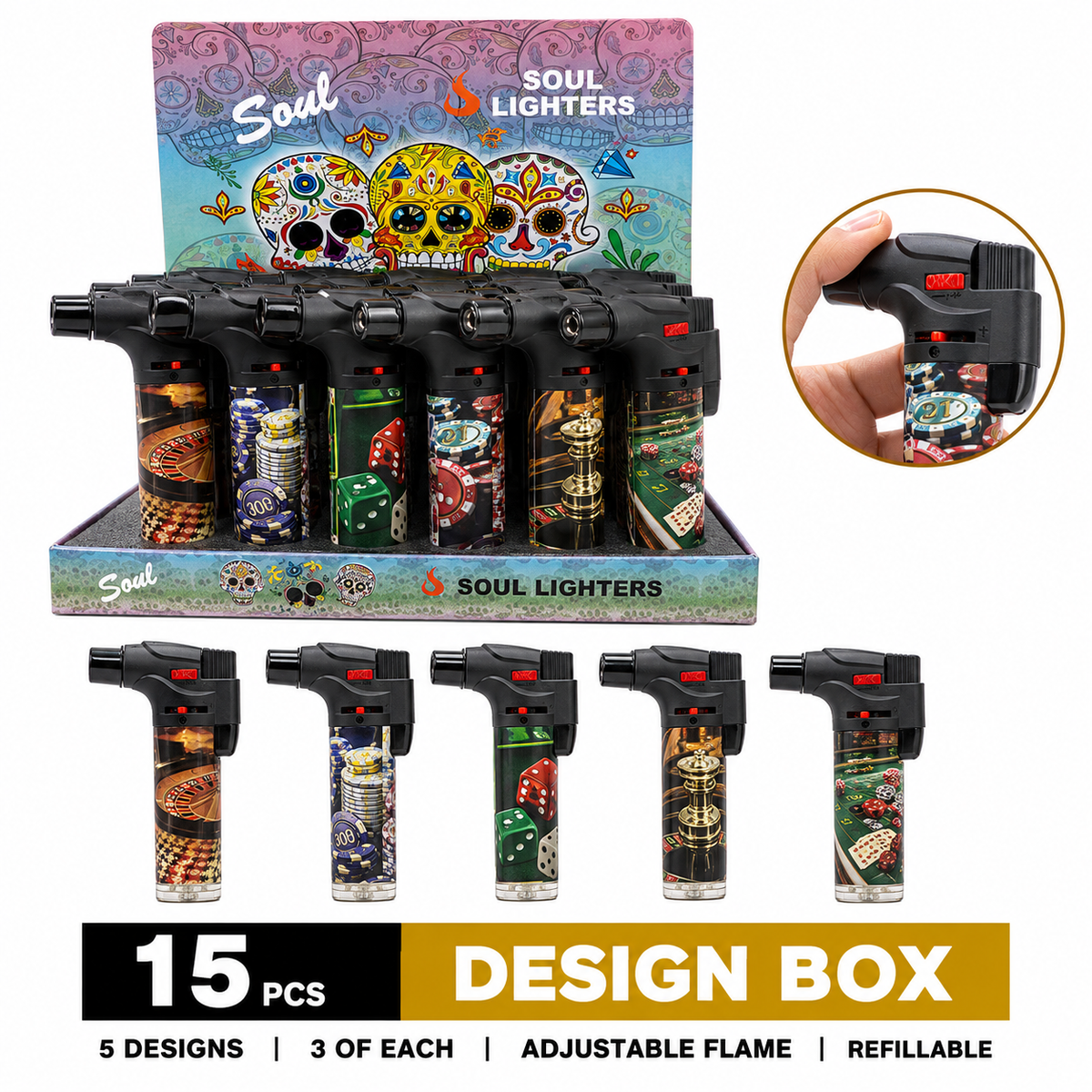 Soul Lighters Casino Print Refillable Jet Torch Lighter, Windproof Single Flame, Display Box of 15