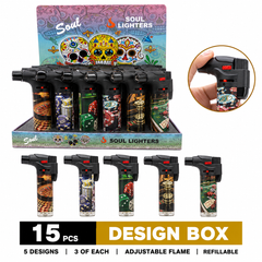 Soul Lighters Casino Print Refillable Jet Torch Lighter, Windproof Single Flame, Display Box of 15
