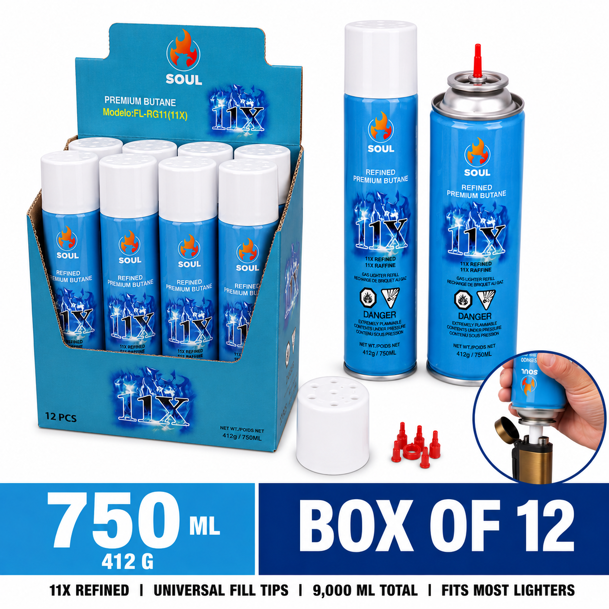 Soul FL-RG11 11X refined premium butane refill 750 ml can, universal fill tips, box of 12