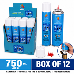 Soul FL-RG11 11X refined premium butane refill 750 ml can, universal fill tips, box of 12