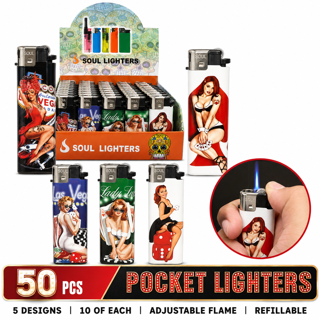 Soul Lighters Vegas Vixens refillable pocket flame lighter box of 50, pin-up casino prints, 8 cm