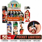 Soul Lighters Vegas Vixens refillable pocket flame lighter box of 50, pin-up casino prints, 8 cm