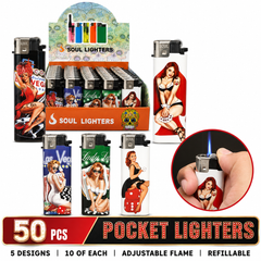Soul Lighters Vegas Vixens refillable pocket flame lighter box of 50, pin-up casino prints, 8 cm