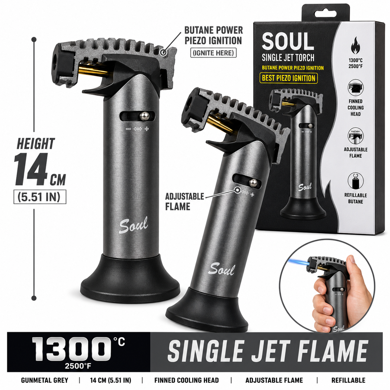 Soul Lighters Ridgeback single-jet butane torch lighter, gunmetal grey, finned head, 14 cm