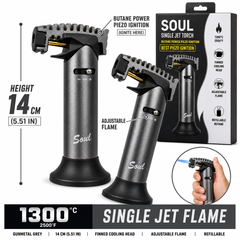 Soul Lighters Ridgeback single-jet butane torch lighter, gunmetal grey, finned head, 14 cm