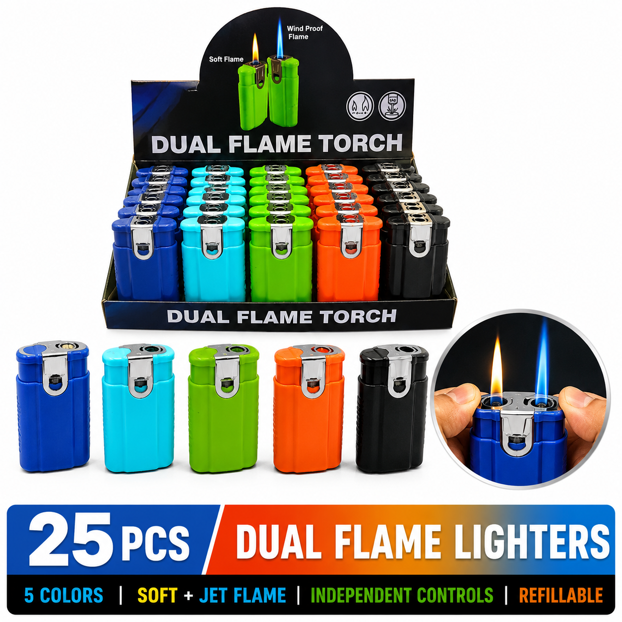 Soul Lighters Dual-Flame Soft plus Jet Torch Lighter, 5 colours, Pack of 25