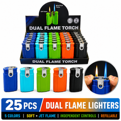 Soul Lighters Dual-Flame Soft plus Jet Torch Lighter, 5 colours, Pack of 25