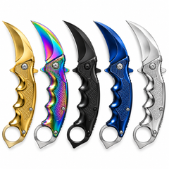 Folding Pocket Karambit 8.5" (21.6 cm) Hawkbill Knife, Pack of 5 Assorted Colours (Gold, Rainbow, Black, Blue, Silver), 3.5" 440 Stainless Steel Blade, Finger Ring, with Belt Clip