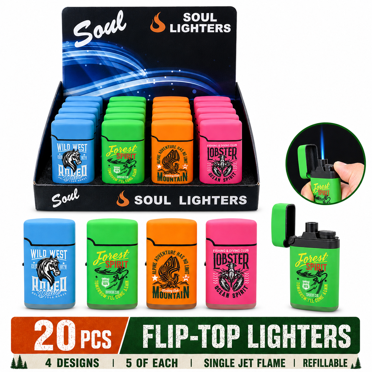 Soul Lighters Adventure Club Flip-Top Torch Lighter, Pack of 20