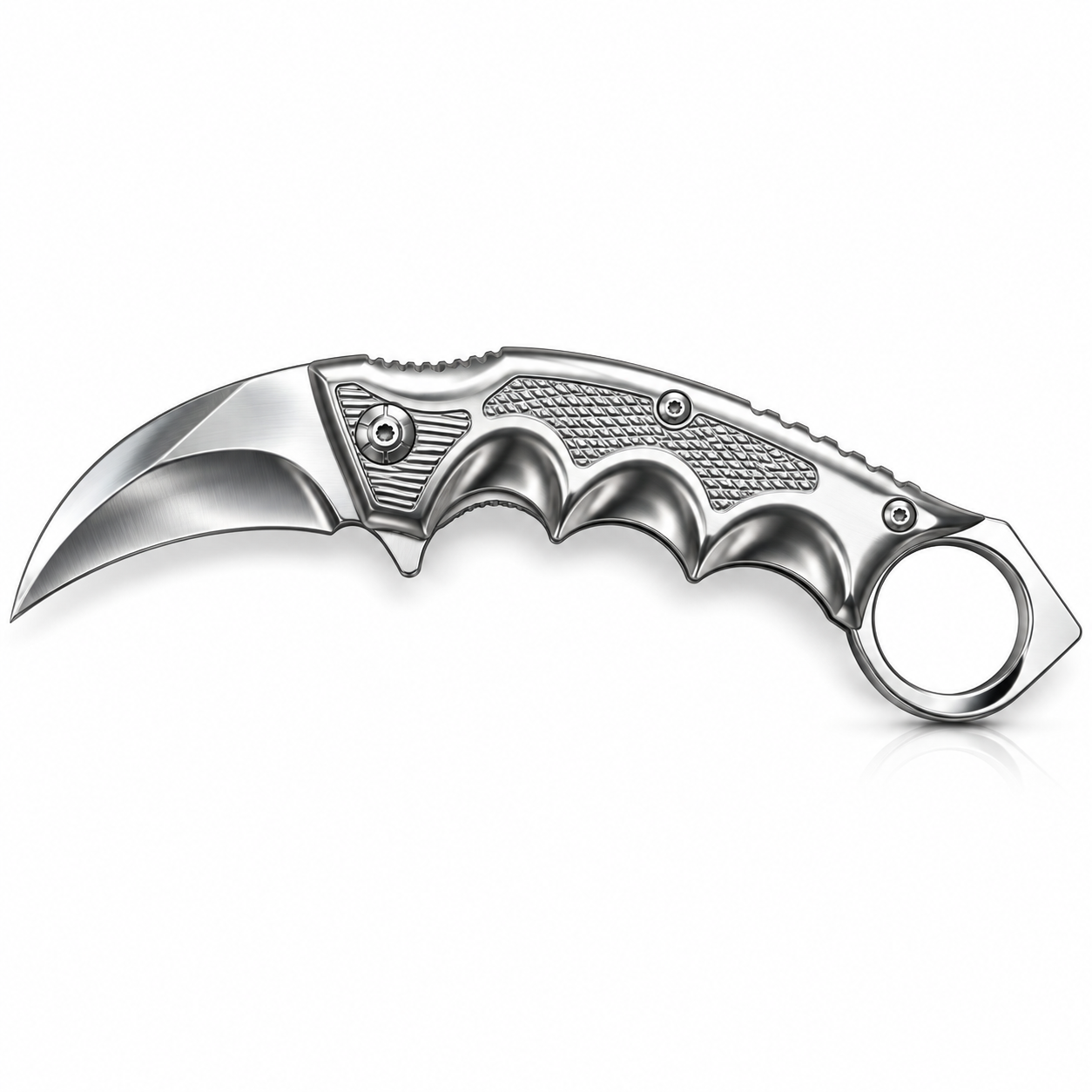 Silver folding karambit knife detail