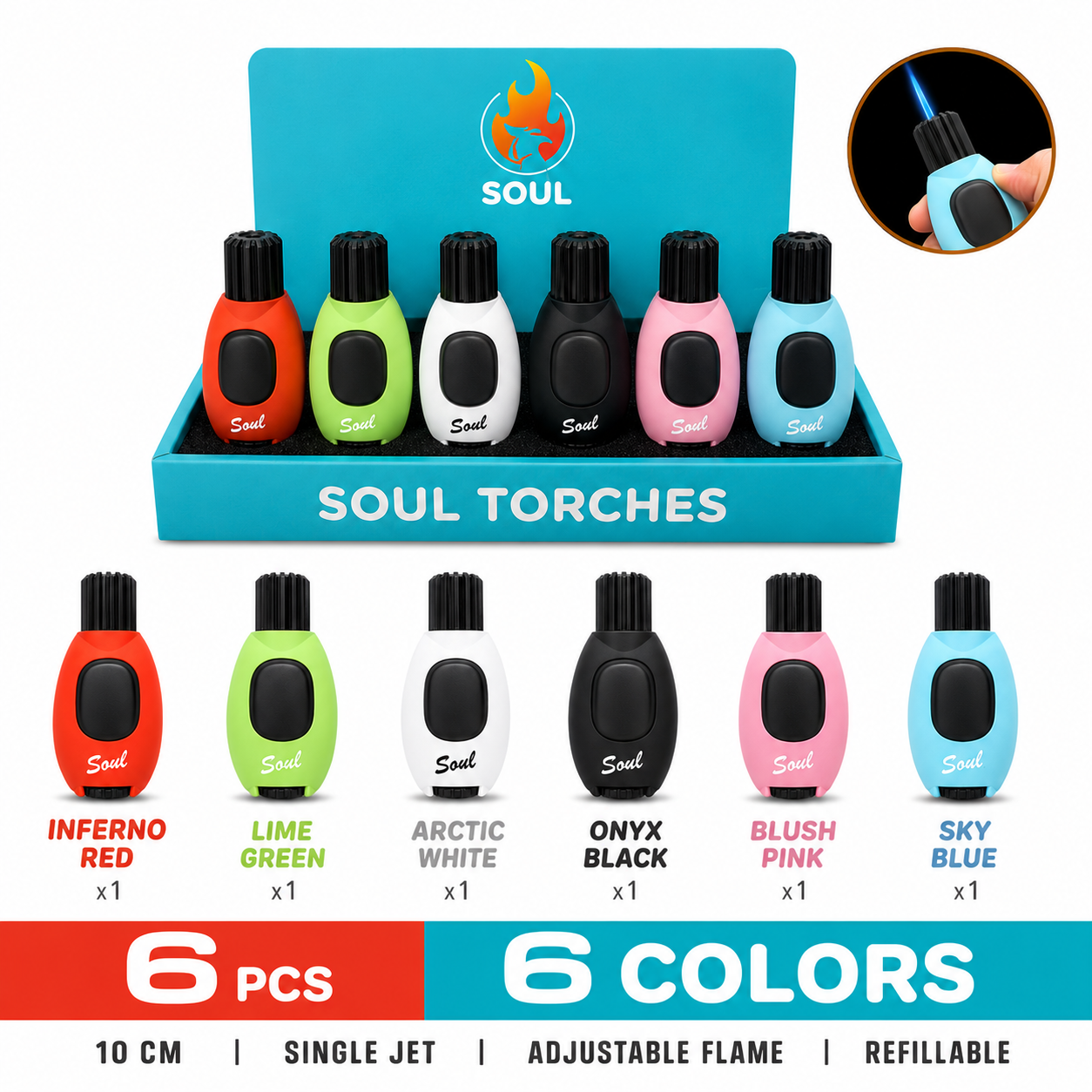 Soul Lighters Pebble Single-Jet palm-fit torch lighter, 6 colours, 6-count display