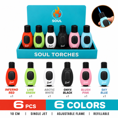 Soul Lighters Pebble Single-Jet palm-fit torch lighter, 6 colours, 6-count display