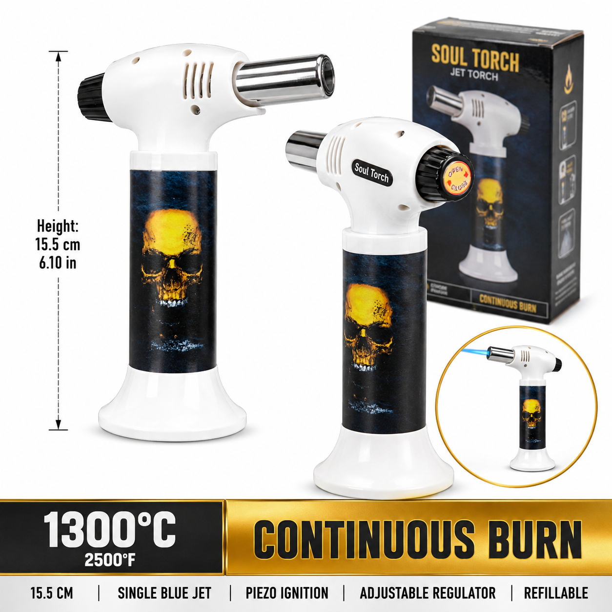 Soul Lighters Golden Flame Skull cigar torch lighter, white housing, 1300C piezo, 15.5 cm